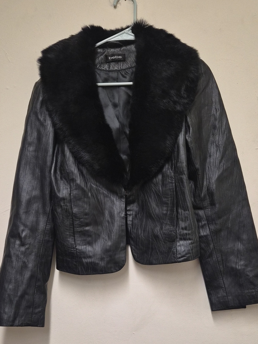 bebe Black Faux Fur Collar Leather Jacket Size S